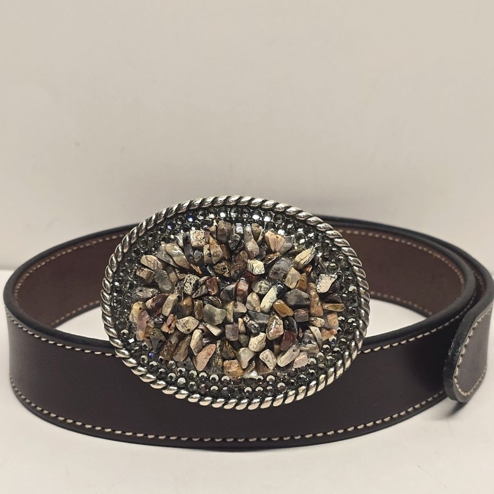 Brown Leather Women's Belt with Decorative Stone Oval Buckle
